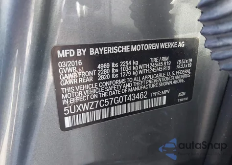 2016 BMW X3 Sdrive28I z USA, uszkodzony, nr VIN 5UXWZ7C57G0T43462